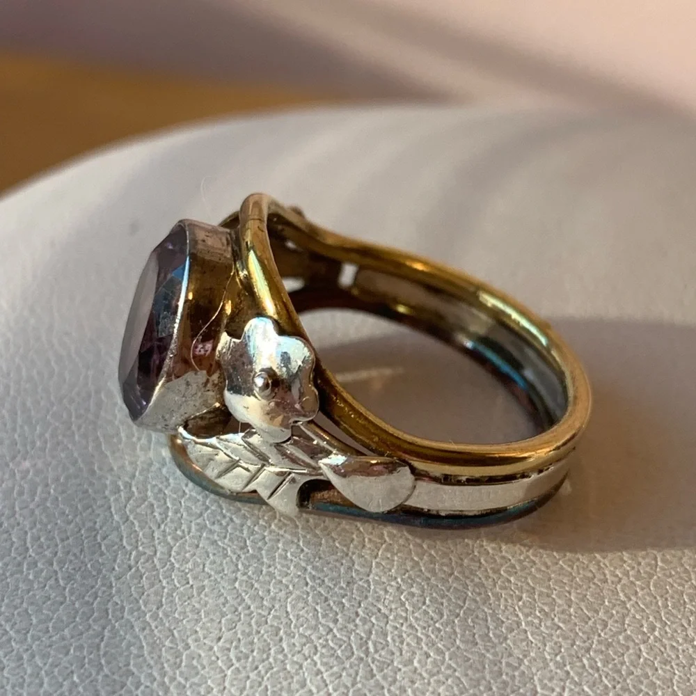 VINTAGE AMETHYST RING 925 STERLING SILVER TRI COLOR